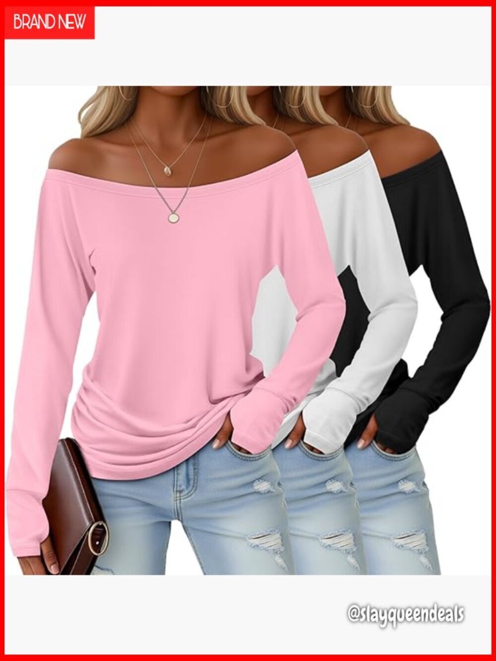 Long Sleeve Off Shoulder Tunic Top with Thumbholes, Loose Fit, 3-Pack